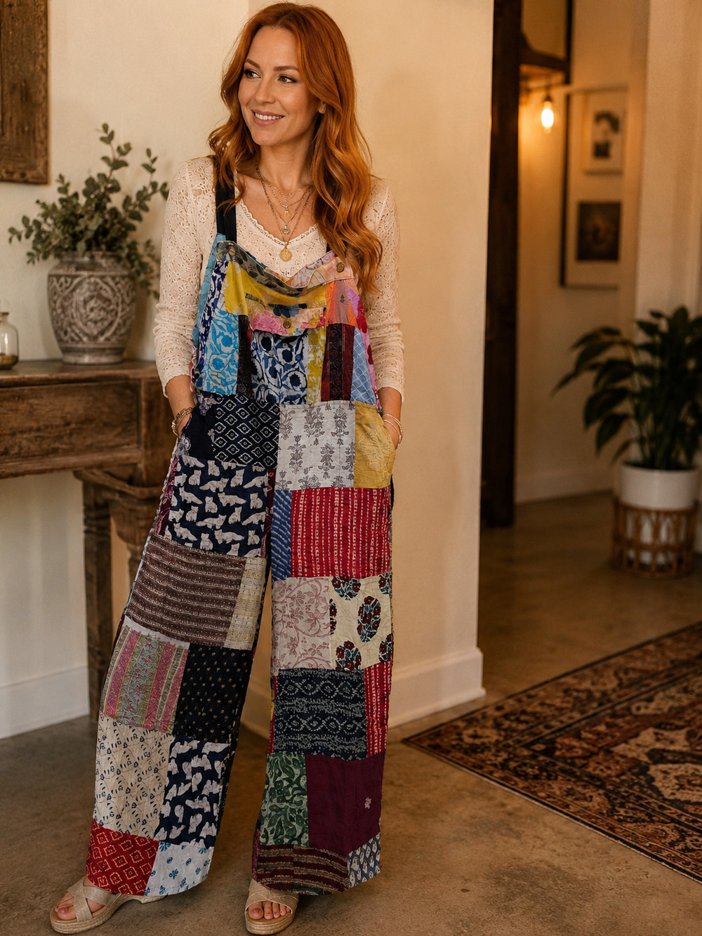 Boho Hippie Cotton Patchwork Jumpsuit with Pockets OS